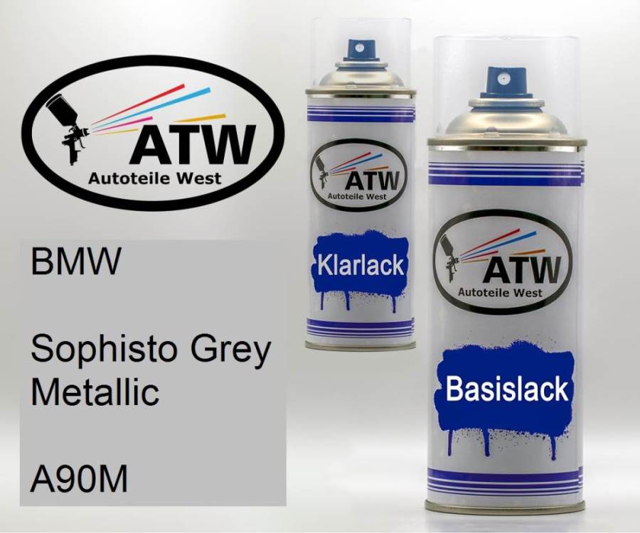 BMW, Sophisto Grey Metallic, A90M: 400ml Sprühdose + 400ml Klarlack - Set, von ATW Autoteile West.